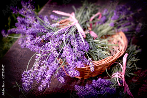 Lavender bouquet in wicker basket