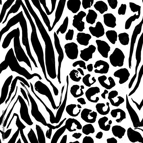 Brush painted tiger seamless pattern. Black and white leopard stripes grunge background.