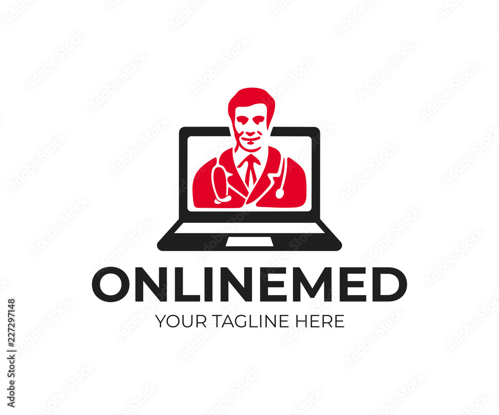 Online consultation and medicine, doctor on laptop screen, logo design. Remote medical diagnosis, healthcare, hospital, clinic and pharmacy, vector design and illustration