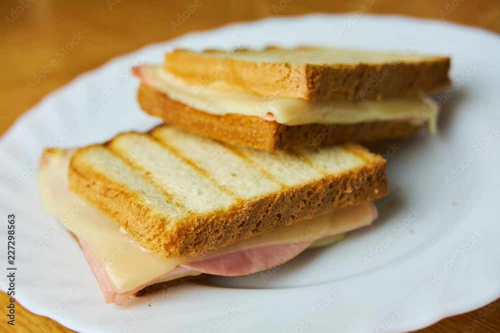 Tasty ham and cheese toast on white plate Tasty ham and cheese toast on white plate