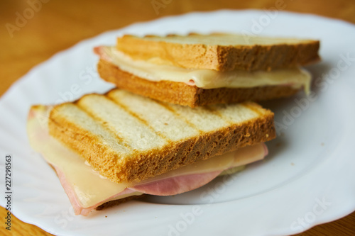 Tasty ham and cheese toast on white plate