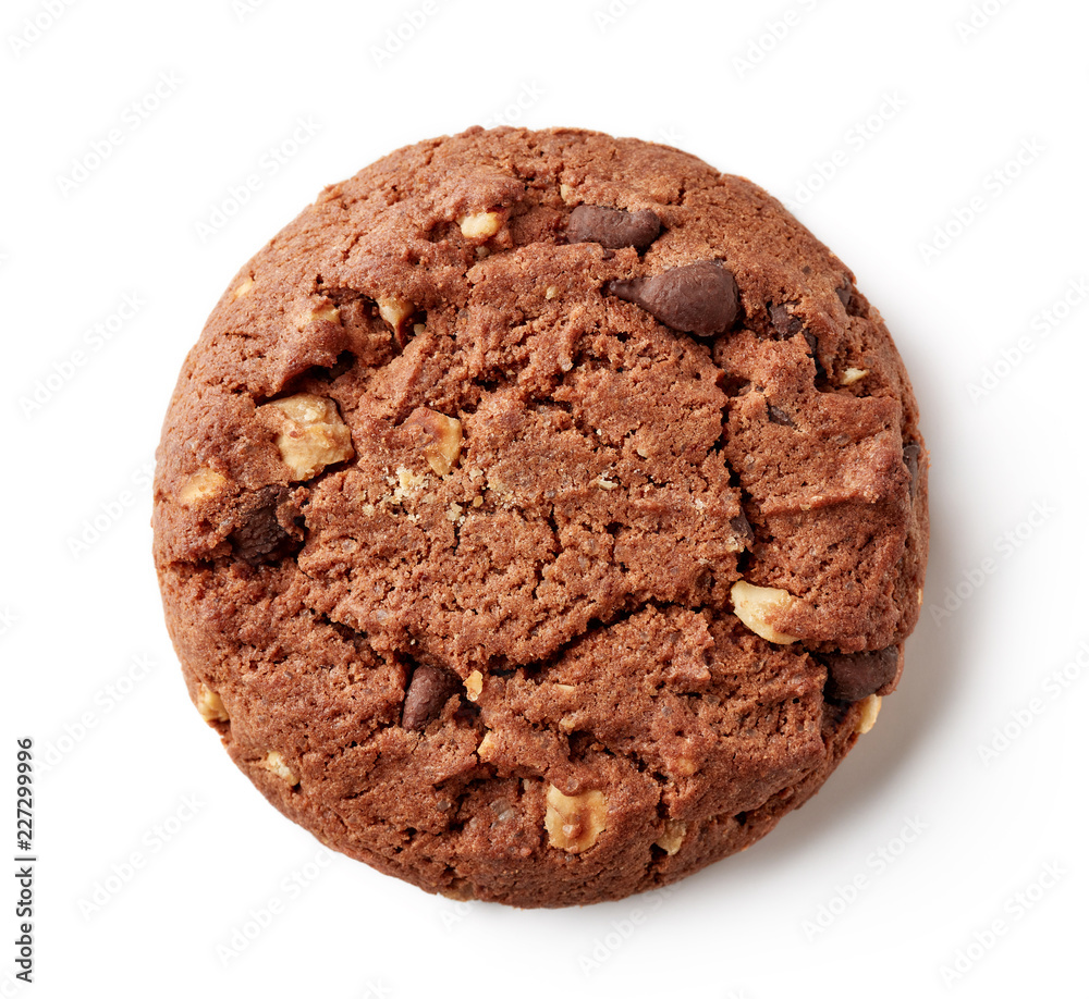 Fresh chocolate chip cookie isolated on white, from above Fresh chocolate chip cookie isolated on white, from above