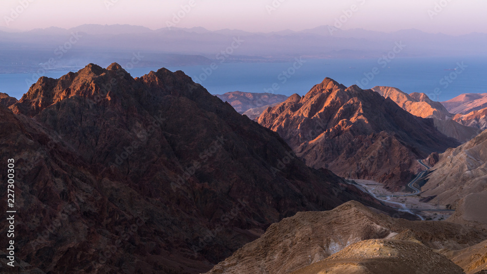 Morning sunrise at the red sea mountains. Eilat, Israel