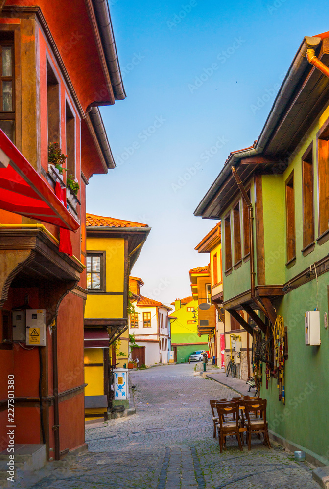 Street with Colorful Houses and cobbles in Eskishehir City, Turkey