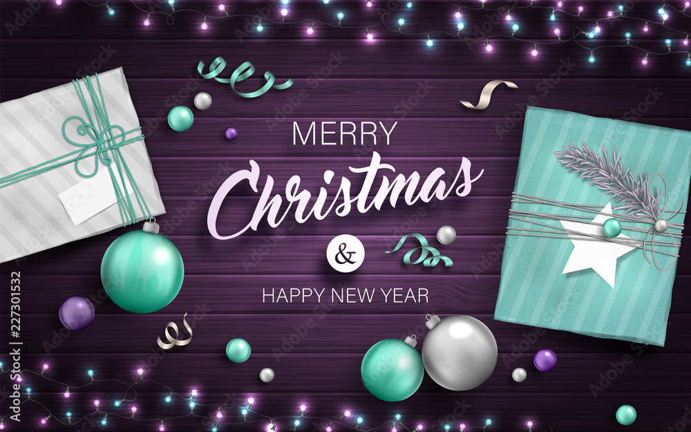 Naklejka premium Beautiful background with Christmas decoration. Vector illustration of happy new year 2019 with blue and silver Christmas balls, gifts, garlands and ribbons on purple backdrop. Holiday greeting card