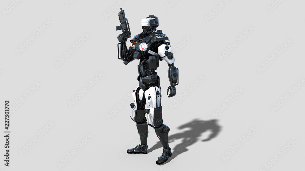 Police robot, law enforcement cyborg, android cop armed with gun isolated on white background, 3D rendering