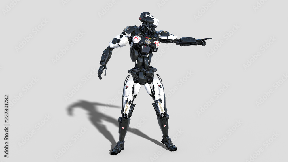 Police robot, law enforcement cyborg pointing, android cop isolated on white background, 3D rendering