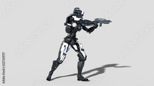 Police robot, law enforcement cyborg, android cop shooting gun on white background, side view, 3D rendering
