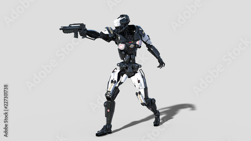Police robot, law enforcement cyborg, android cop aiming and shooting gun on white background, 3D rendering
