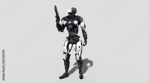 Police robot, law enforcement cyborg, android cop holding gun isolated on white background, 3D rendering