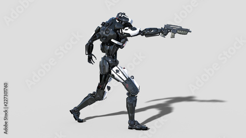 Police robot, law enforcement cyborg, android cop shooting gun on white background, 3D rendering