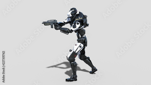 Police robot, law enforcement cyborg, android cop shooting gun isolated on white background, 3D rendering