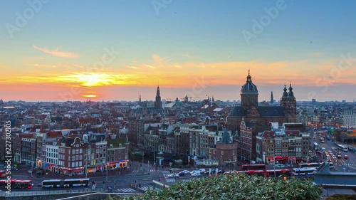 Beautiful 4k UHD cityscape timelapse at sunset of the skyline of Amsterdam, the Netherlands 