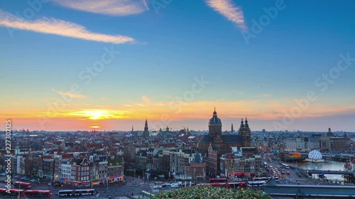 Beautiful 4k UHD cityscape timelapse at sunset of the skyline of Amsterdam, the Netherlands 