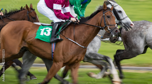 panning motion blur on galloping race horses and jockeys