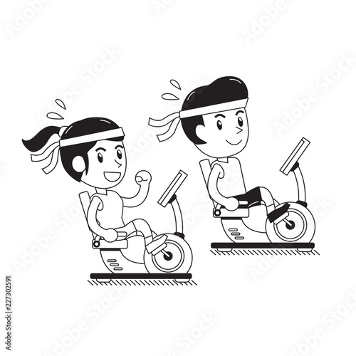 Cartoon a man and a woman riding recumbent exercise bikes for design.
