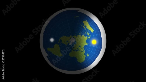 Azimuthal projection flat land rotation sun and moon. Alpha channel.