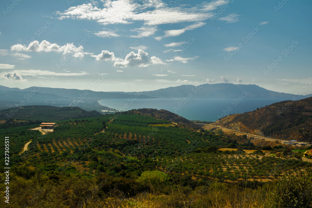 Landscape panorama coastline Mediterranean sea. Olive trees grove. Crete island. Greece. Europe.