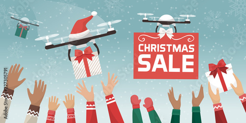 Drones with Santa's hat delivering Christmas gifts