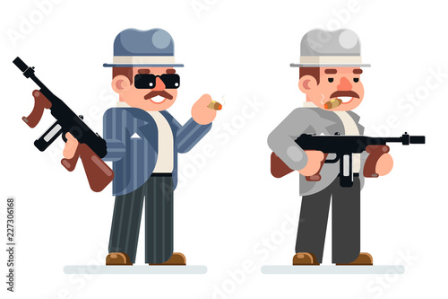 Gangster dangerous retro criminal submachine gun thug prohibition mafia character icon flat design vector illustration