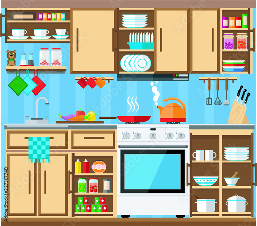 Kitchen with a set of furniture. The cozy interior of the room with a stove, wardrobe and utensils. Flat style vector illustration.