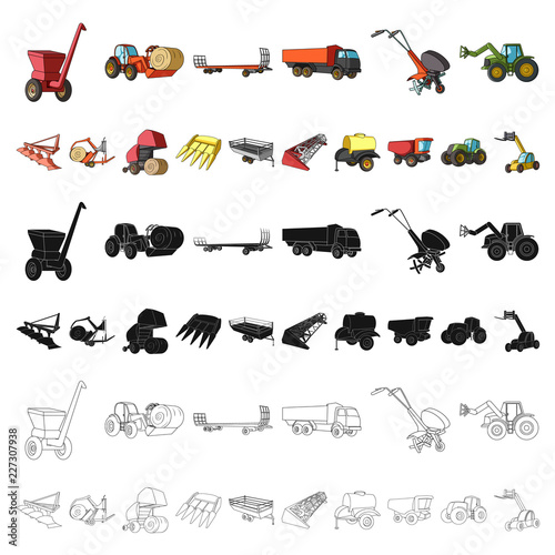 Agricultural machinery cartoon icons in set collection for design. Equipment and device vector symbol stock web illustration.