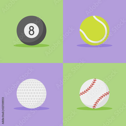 Set of sports balls flat style icons. Baseball, billiard, tennis and golf balls. Vector illustration.