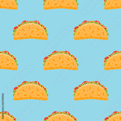 Seamless pattern with taco on blue background. Vector texture.