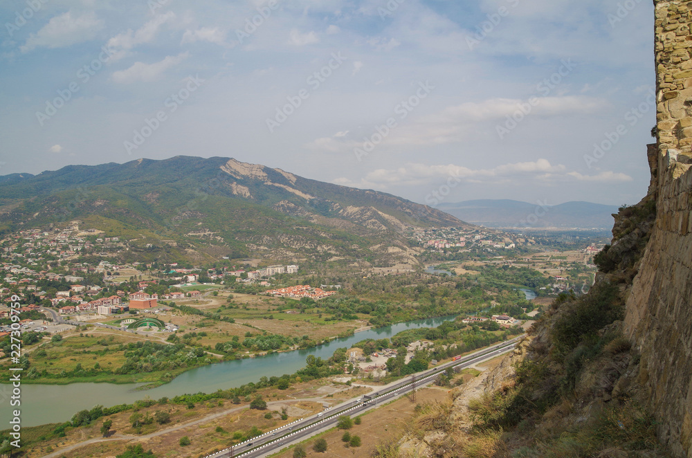 Beautiful view of the Aragvi river from the Jvari Monastery standing on the rocky mountaintop. Georgia, Mtskheta-Mtianeti, Mtskheta