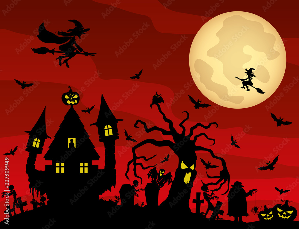 Red illustration for halloween with moonlit night at a cemetery.
