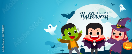 Happy Halloween banner vector illustration. Frankenstein, Count Dracula and Witch Cartoon style. Kids in Halloween costume party.