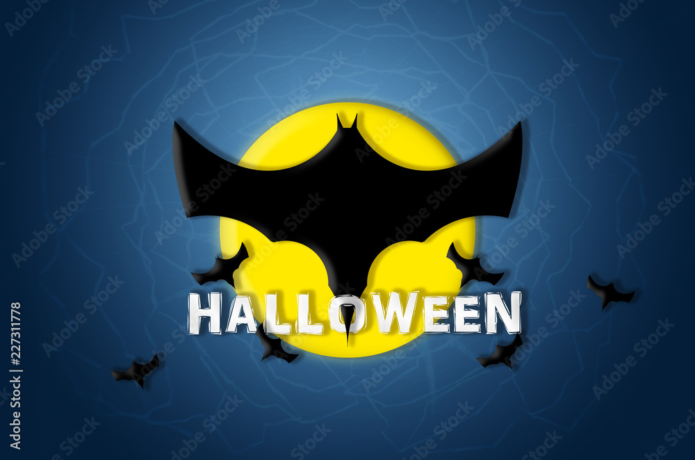 happy halloween background text and spooky bats flying in the dark night in the sky front of full moon light celebration at october night Trick or Treat.