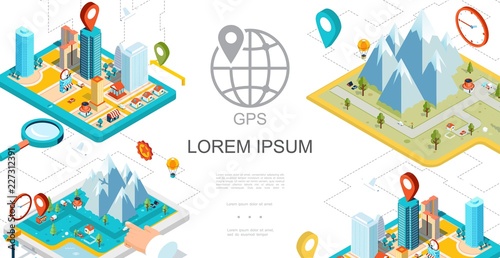 Isometric Mobile GPS Navigation Composition