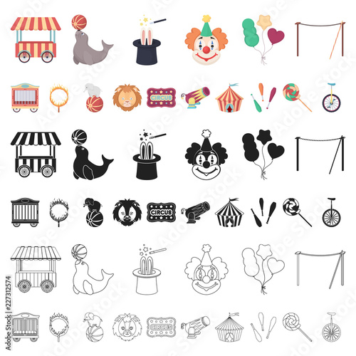 Circus and attributes cartoon icons in set collection for design. Circus Art vector symbol stock web illustration.
