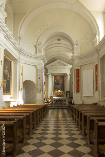 Holy Cross, Poland, September 7, 2018: Former Benedictine monastery and now the Missionary Oblates of Mary immaculate at the Holy Cross (Lysa Gora). Interior of the Basilica of the Holy Trinity 