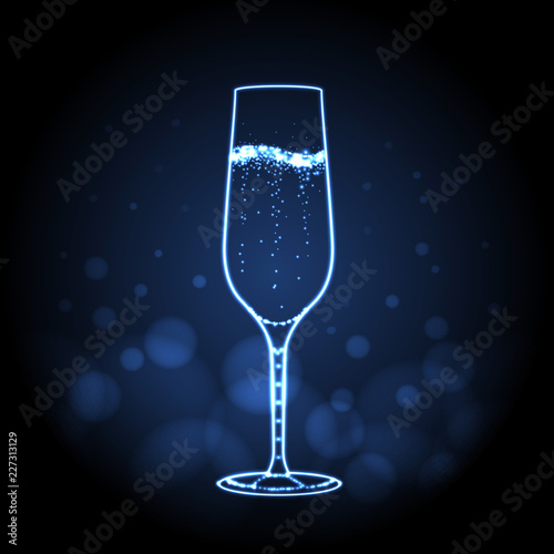 Neon sign of champage glass on blue background. Champagne silhouette photo