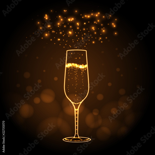 Neon sign of champage glass on gold background. Champagne silhouette