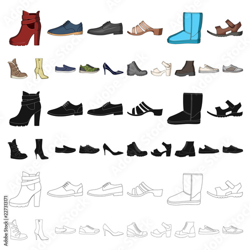 Different shoes cartoon icons in set collection for design. Men s and women s shoes vector symbol stock web illustration.