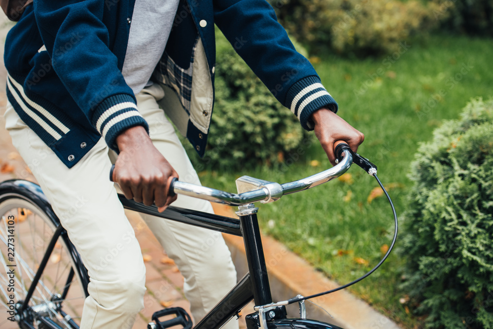 Obraz premium cropped view of african american man riding bicycle in park