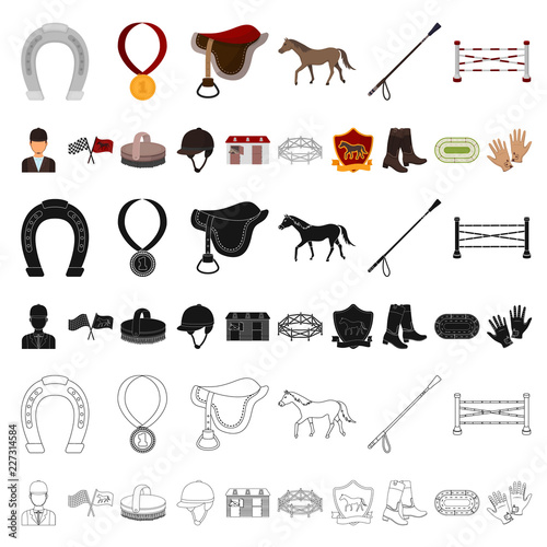 Hippodrome and horse cartoon icons in set collection for design. Horse Racing and Equipment vector symbol stock web illustration.