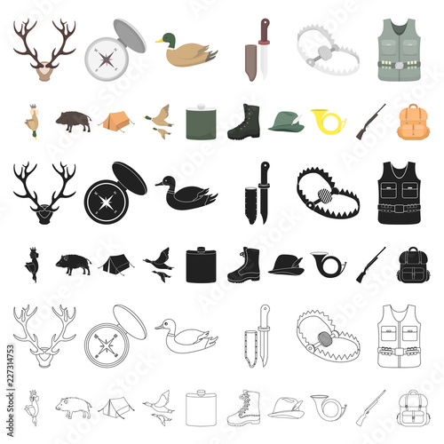 Hunting and trophy cartoon icons in set collection for design. Hunting and equipment vector symbol stock web illustration.
