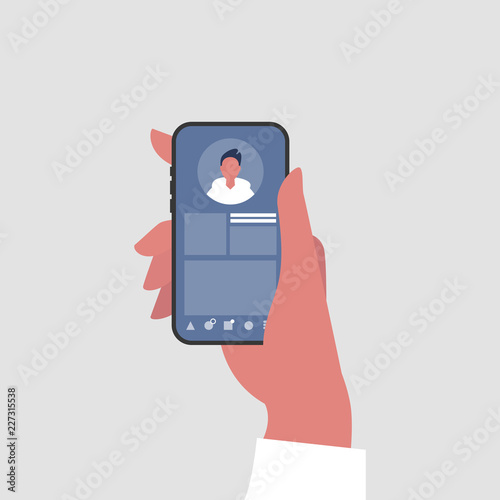 Social media profile. Hand holding a smartphone. Millennial lifestyle. Communication technologies. Flat editable vector illustration, clip art