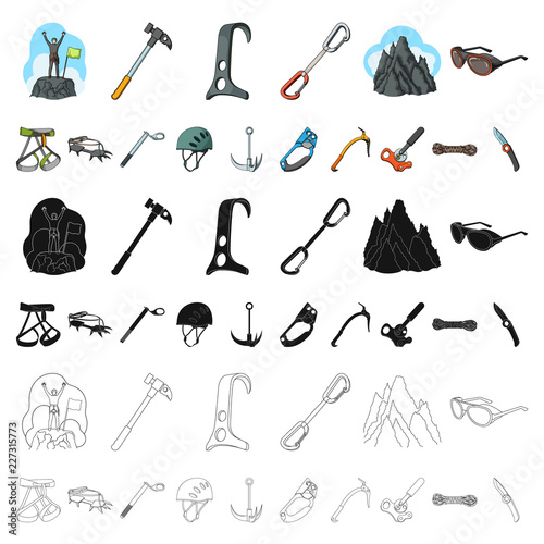 Mountaineering and climbing cartoon icons in set collection for design. Equipment and accessories vector symbol stock web illustration.