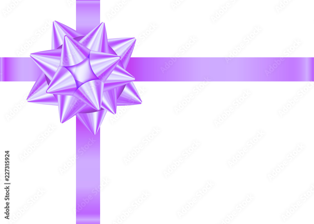 Violet satin gift ribbon and bow isolated on white background.
