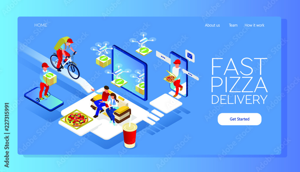 Couriers delivered hot pizza. A man on a bicycle, a boy on a gyro board. Drones delivering. Isometric 3d Couriers delivered hot pizza. A man on a bicycle, a boy on a gyro board. Drones delivering. Isometric 3d