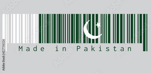 Barcode set the color of Pakistan flag, white star and crescent on a dark green field, with a vertical white stripe at the hoist. text: Made in Pakistan, concept of sale or business.