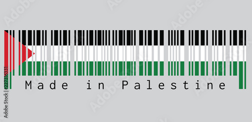 Barcode set the color of Palestine flag, a horizontal tricolor of black, white, and green; with a red triangle based at the hoist. text: Made in Palestine, concept of sale or business.