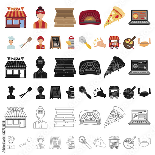 Pizza and pizzeria cartoon icons in set collection for design. Staff and equipment vector symbol stock web illustration.