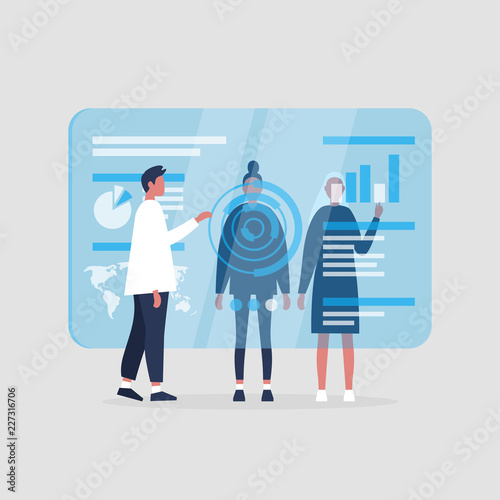 A group of millennial character monitoring a blue transparent futuristic screen. Conceptual future technologies / flat editable vector illustration, clip art