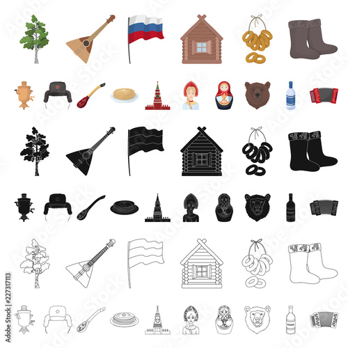 Country Russia, travel cartoon icons in set collection for design. Attractions and features vector symbol stock web illustration.